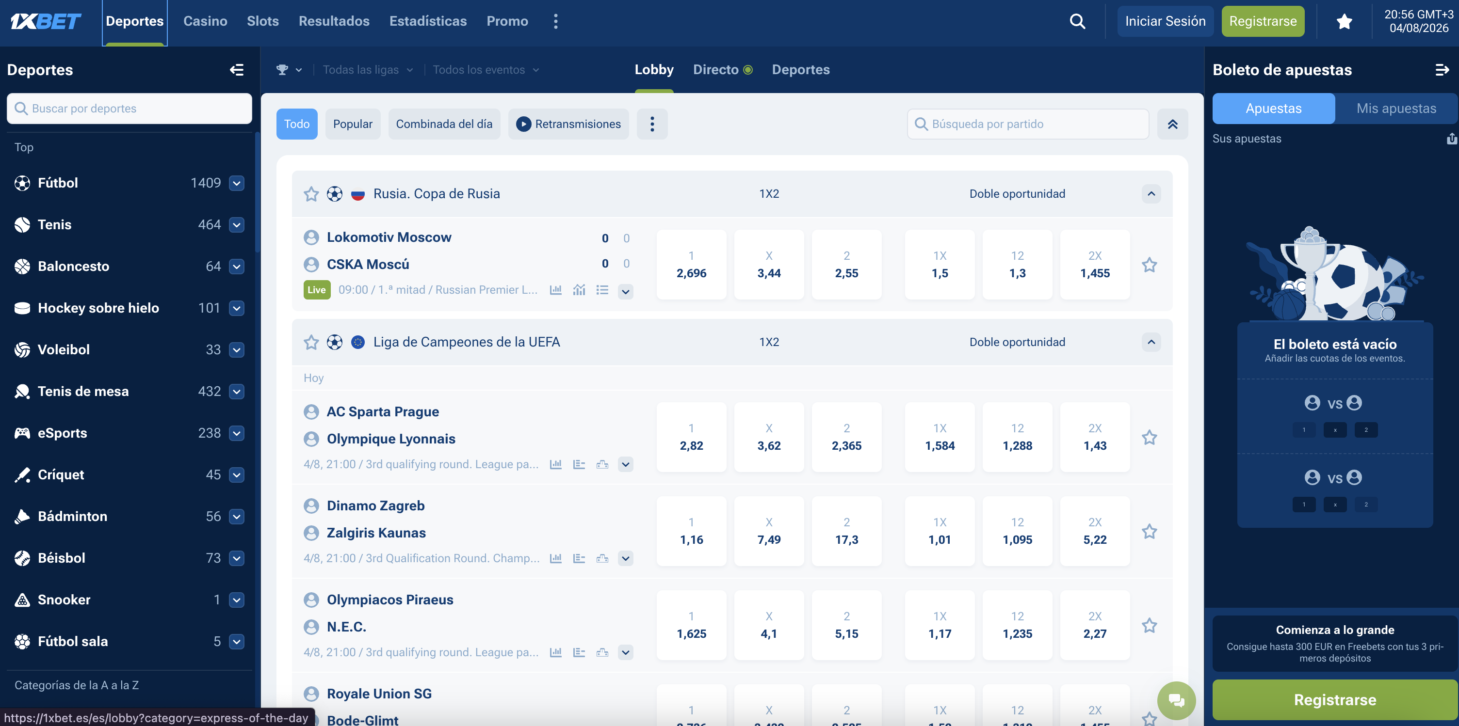 Lobby de apuestas deportivas de 1XBet con más de 1.400 eventos de fútbol y partidos en directo