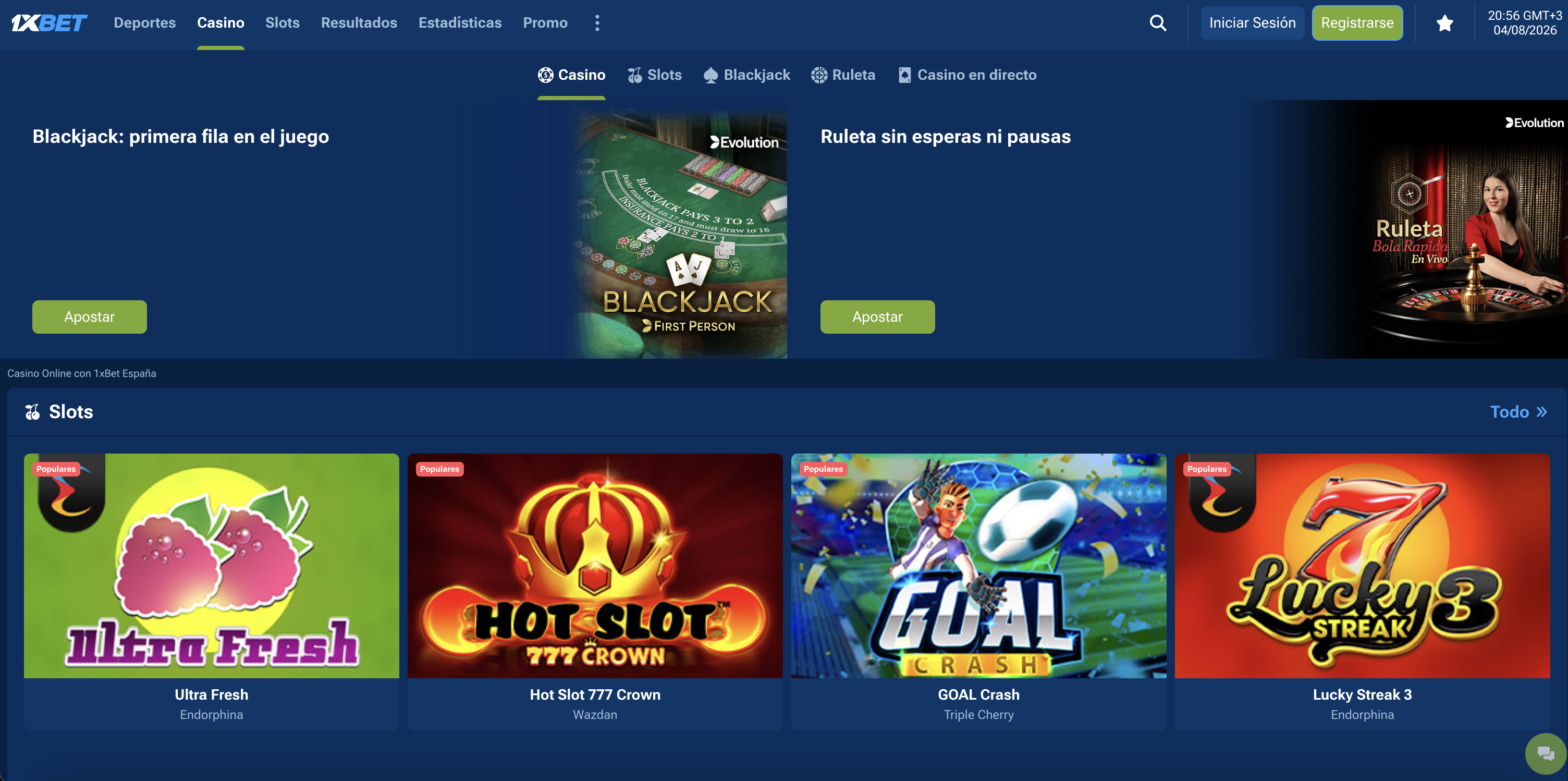 Página principal de la sección casino de 1XBet con Blackjack First Person y Ruleta Bola Rápida en vivo