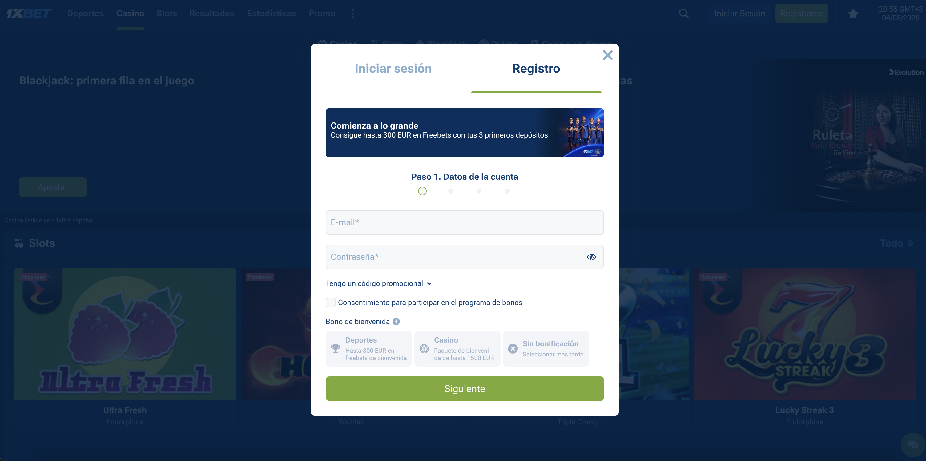Modal de registro de 1XBet mostrando las tres opciones de bono de bienvenida: Deportes, Casino o sin bonificación