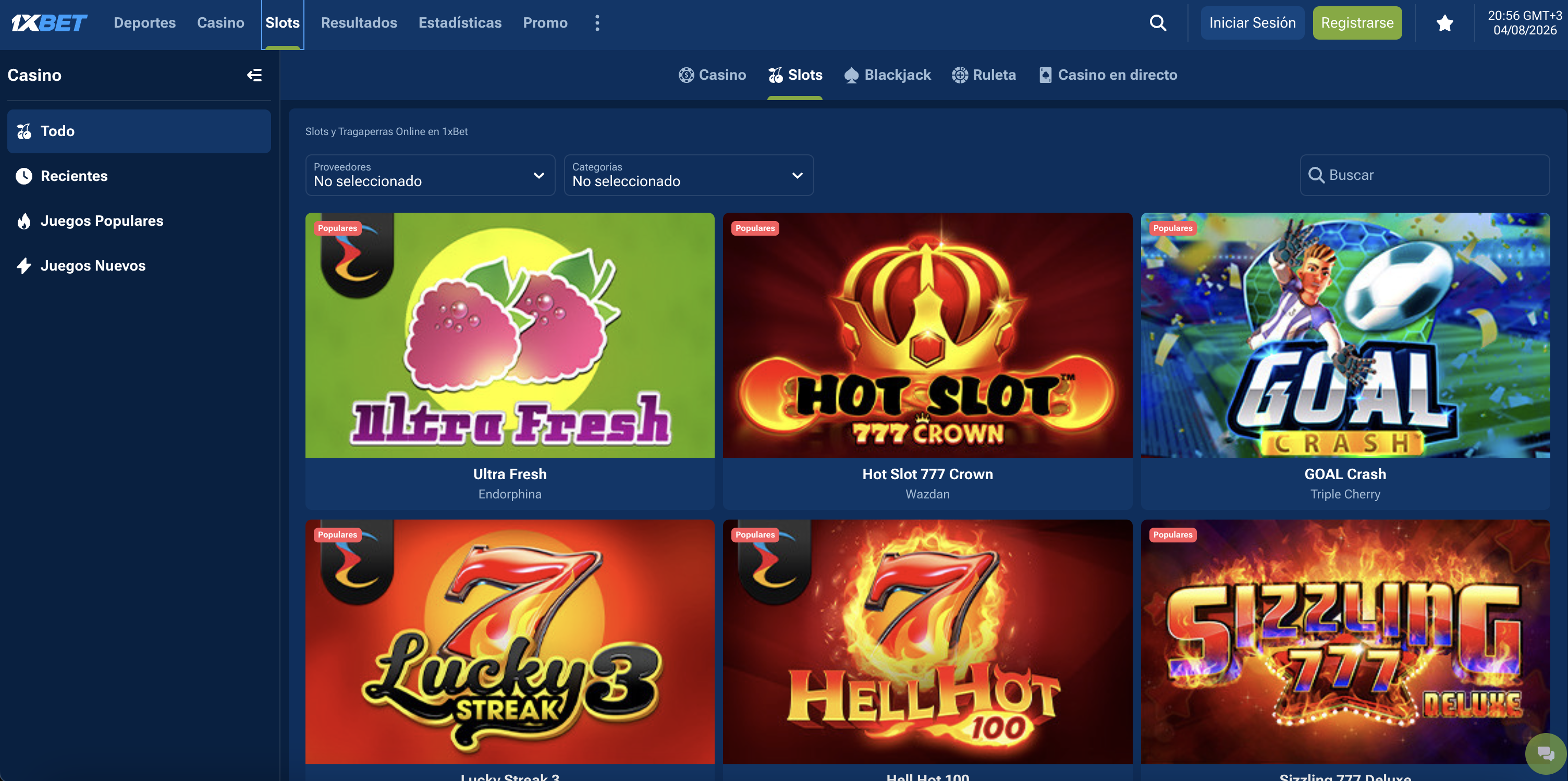 Lobby de tragaperras de 1XBet con filtros por proveedor y categoría