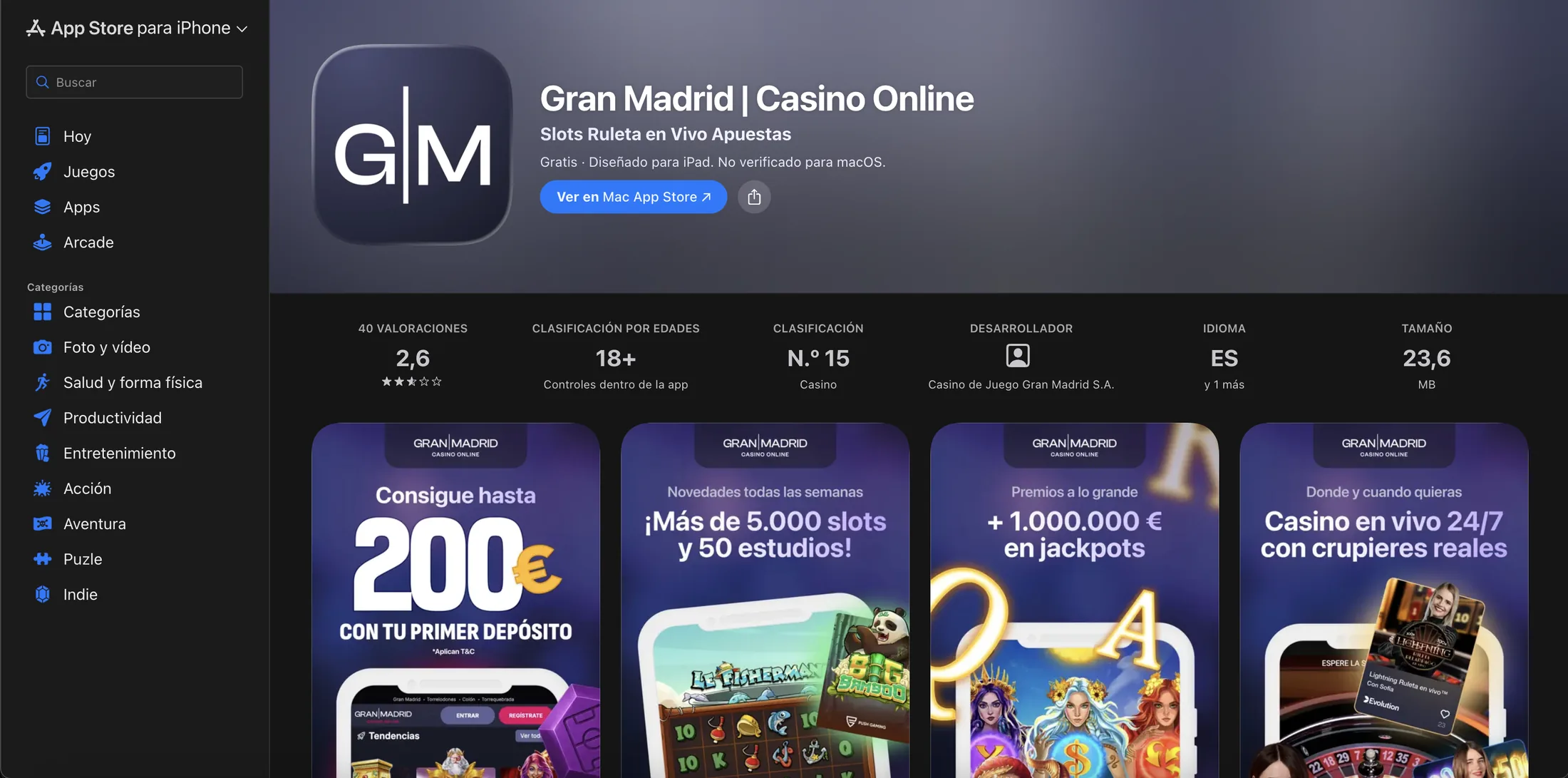 Ficha de la app de Casino Gran Madrid en App Store España con 2,6 sobre 5