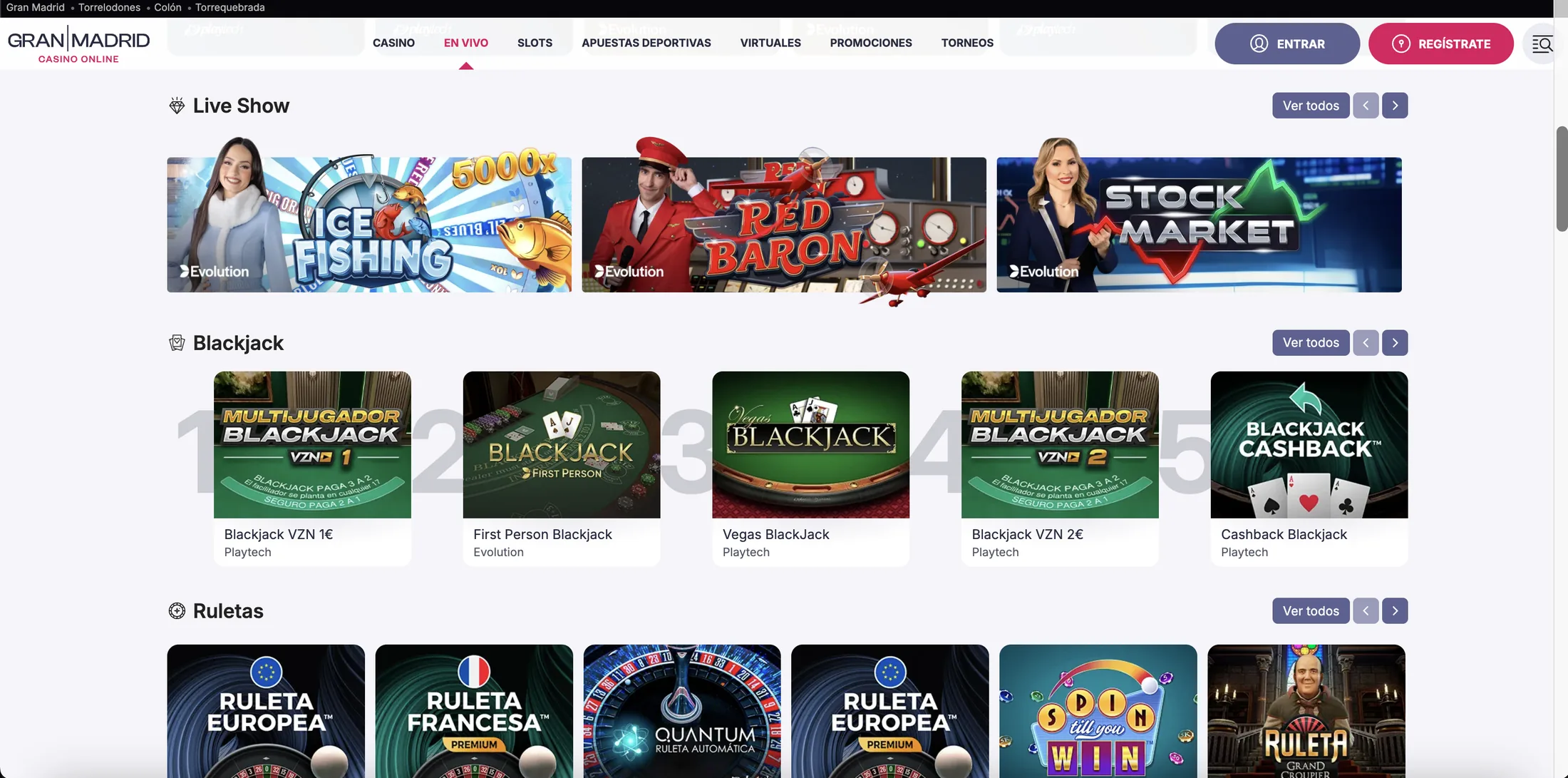 Casino en vivo de Gran Madrid con concursos de Evolution, mesas de blackjack y ruletas