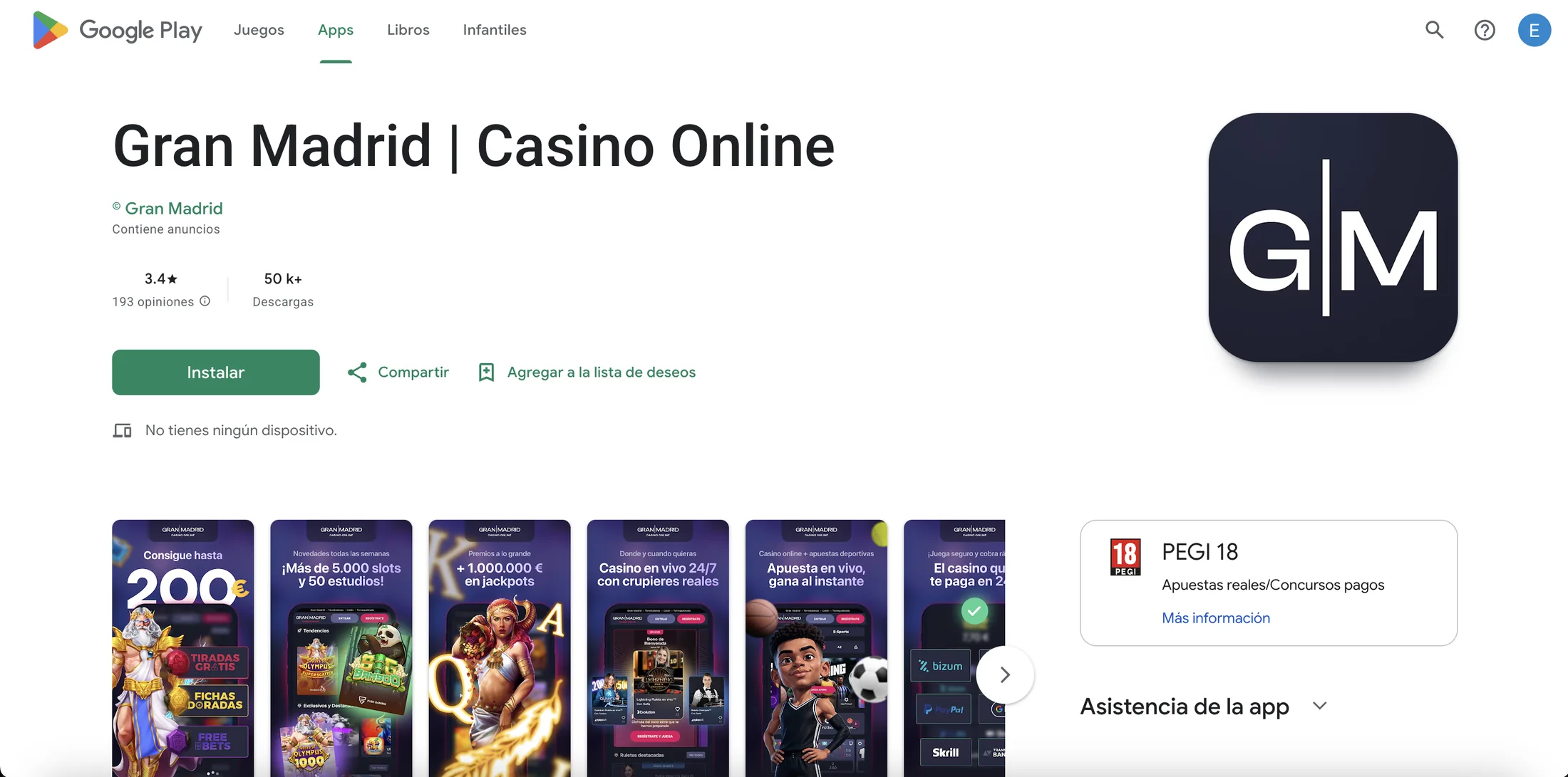 Ficha de la app de Casino Gran Madrid en Google Play con 3,4 sobre 5 y más de 50.000 descargas