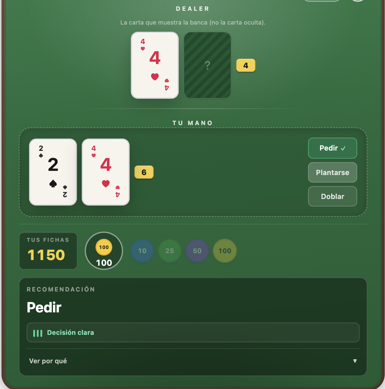 Mano de blackjack en Betie con el dealer mostrando un 4 y la recomendación Pedir marcada como decisión clara
