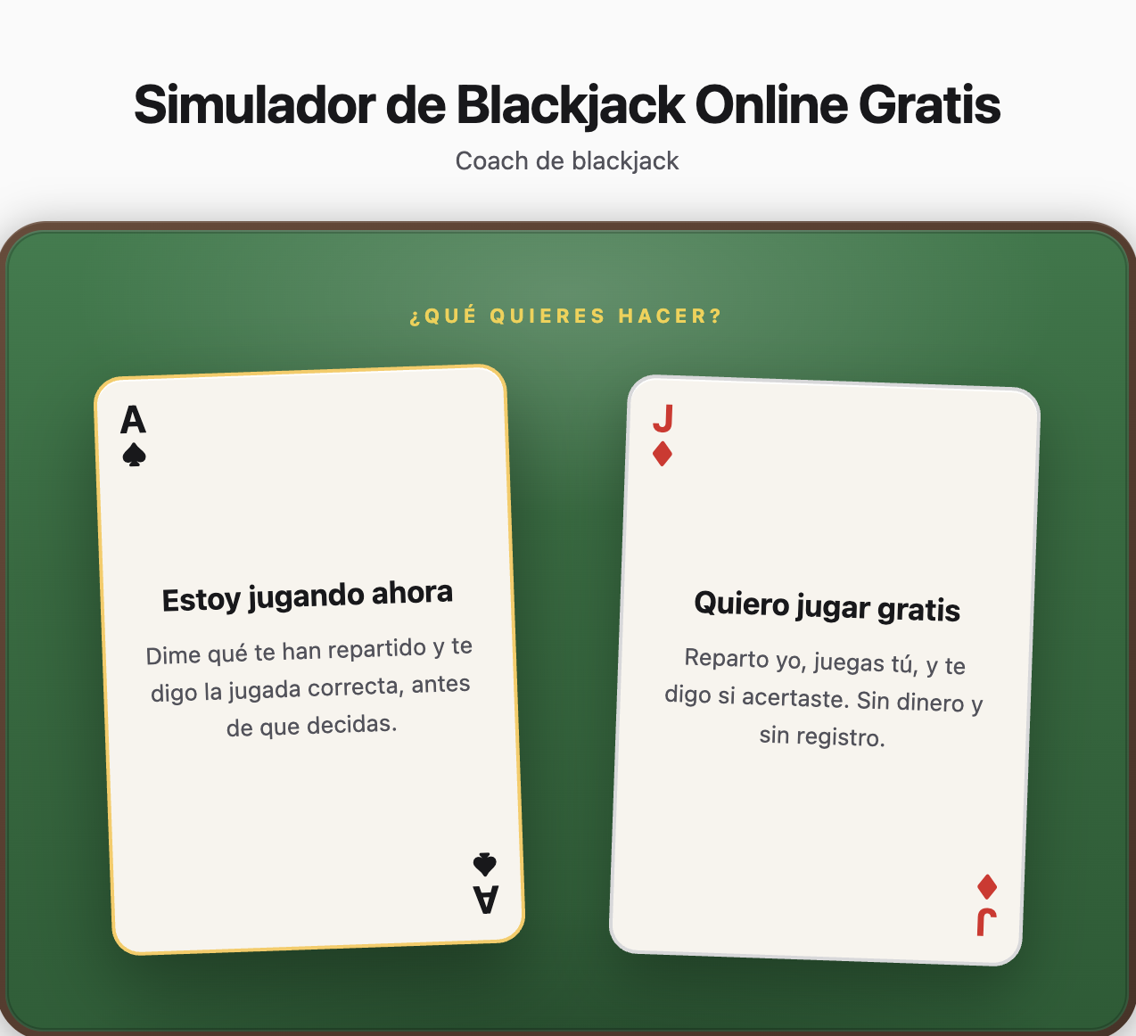 Pantalla de selección de modo en el simulador de blackjack de Betie, con las opciones Estoy jugando ahora y Quiero jugar gratis