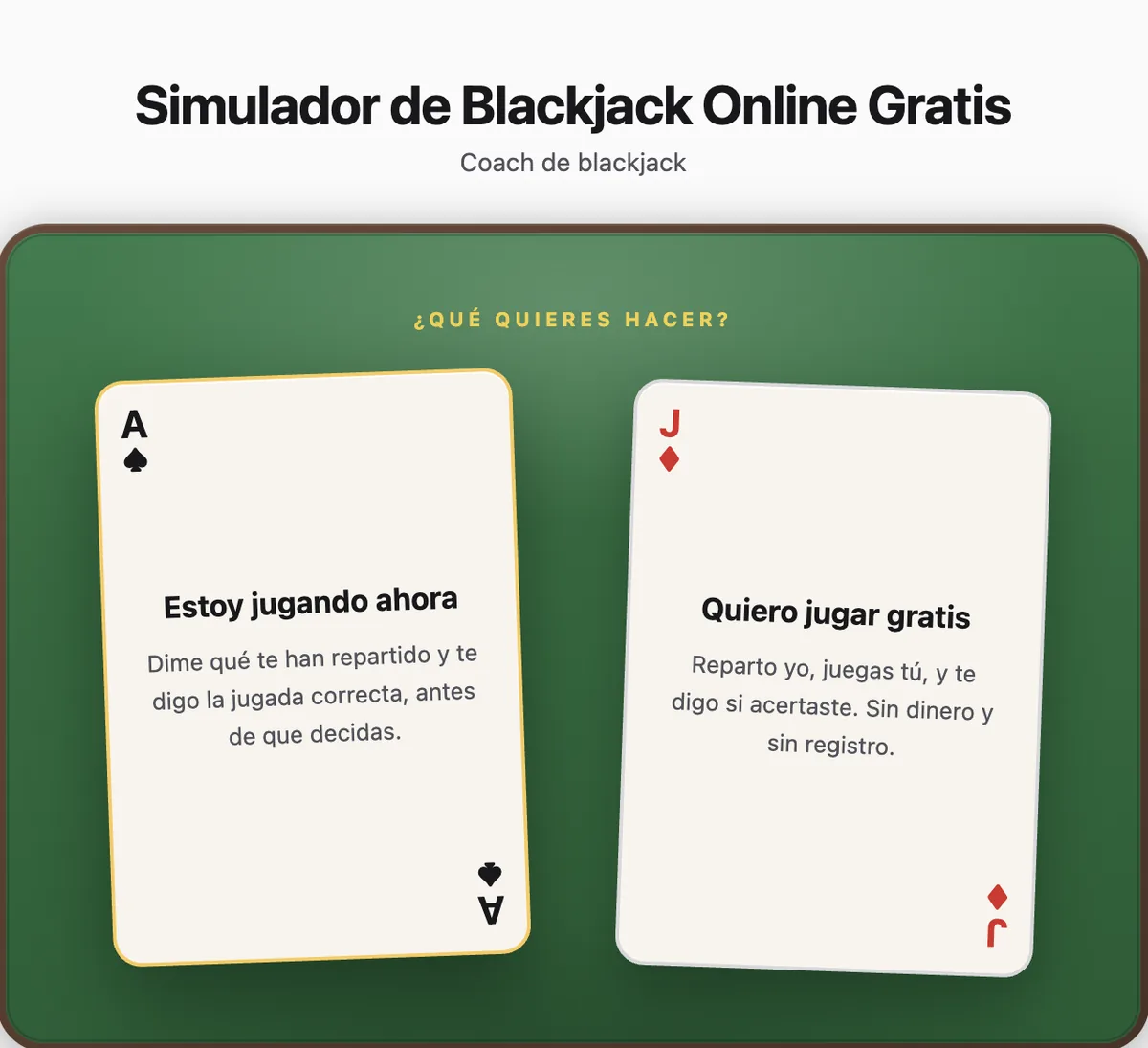 Pantalla de selección de modo en el simulador de blackjack de Betie, con las opciones Estoy jugando ahora y Quiero jugar gratis