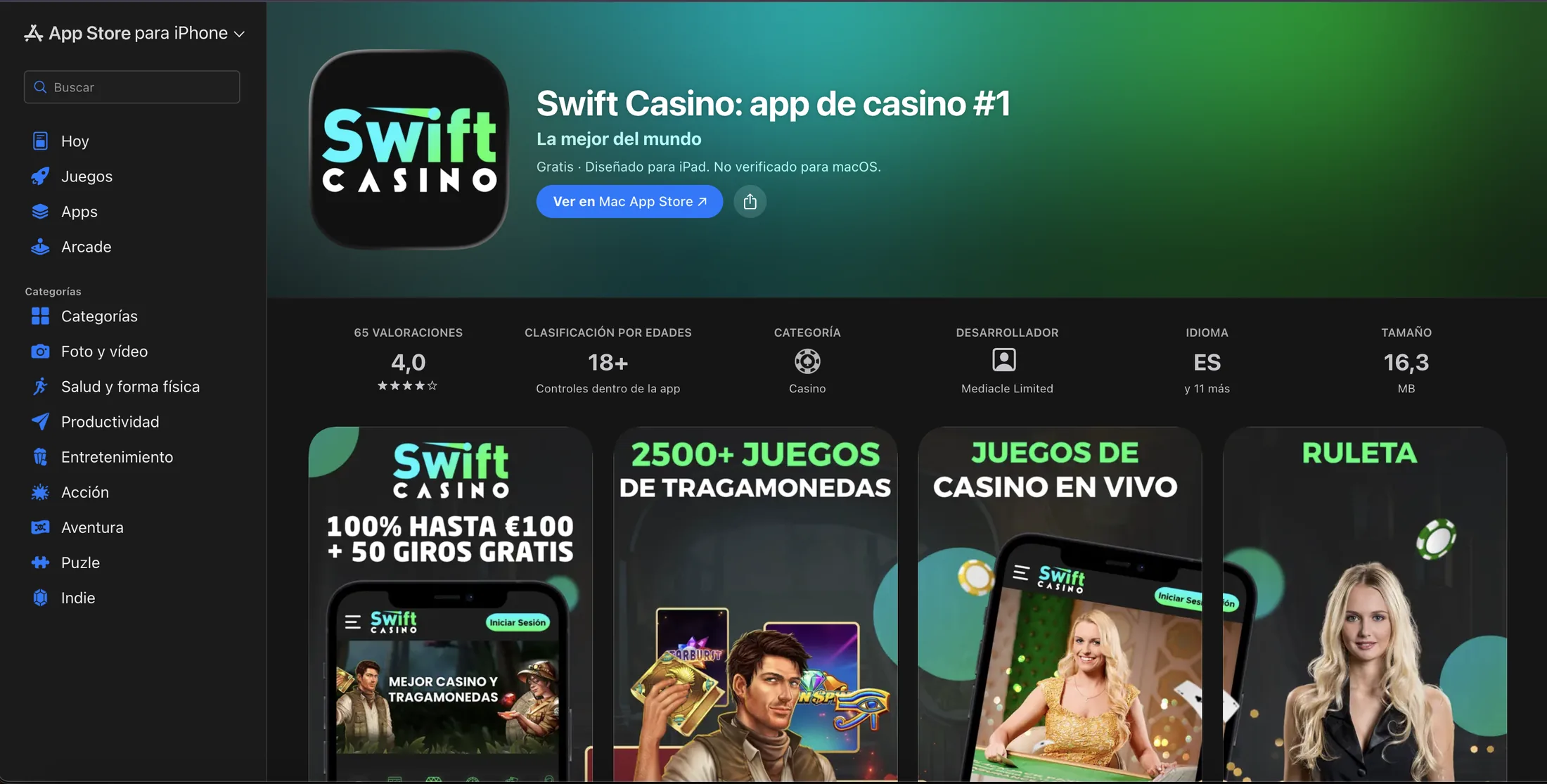 Ficha de la app Swift Casino en App Store España, con 4,0 sobre 5 y 65 valoraciones