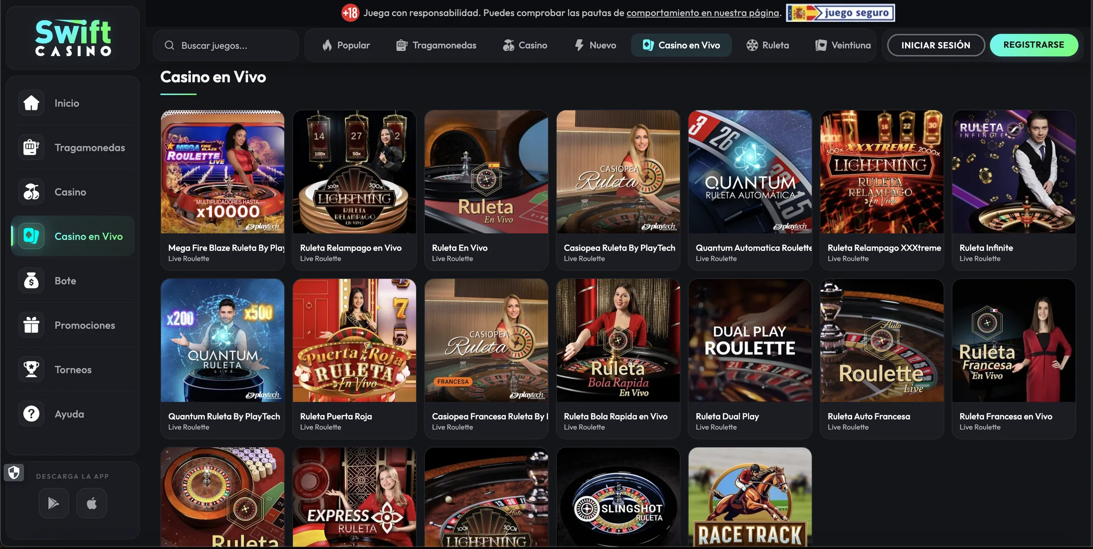 Sección Casino en Vivo de Swift Casino, con mesas de ruleta
