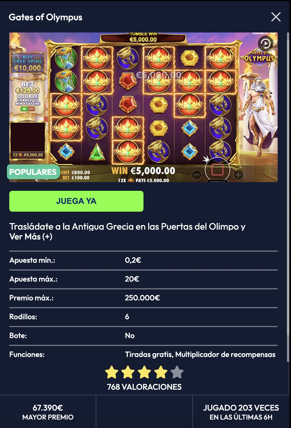 Ficha del juego Gates of Olympus en Swift Casino con apuesta mínima, máxima y premio máximo