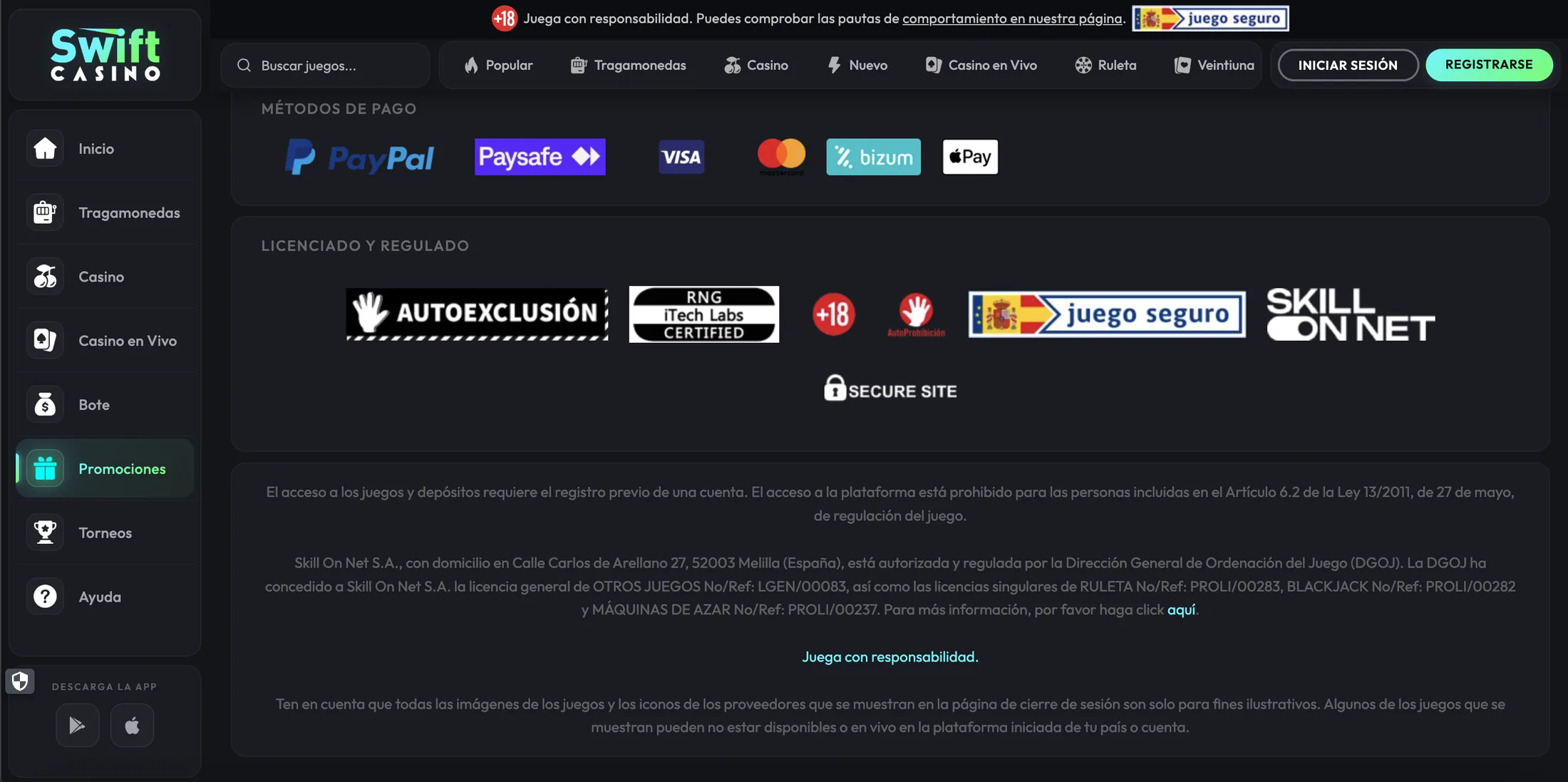 Pie de página de Swift Casino con métodos de pago, sellos y datos de licencia de Skill On Net S.A.