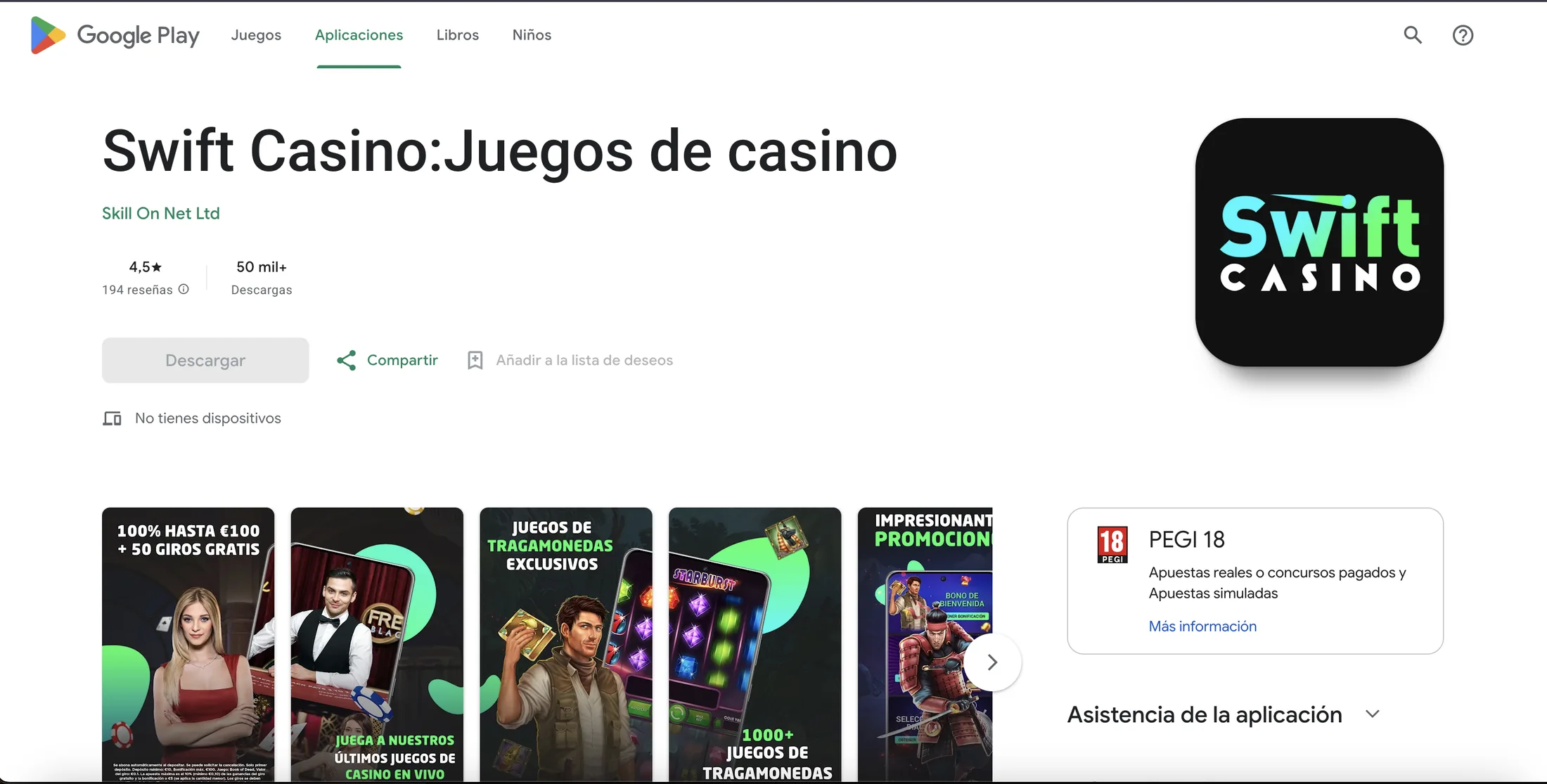 Ficha de la app Swift Casino en Google Play España, con 4,5 sobre 5, 194 reseñas y más de 50.000 descargas