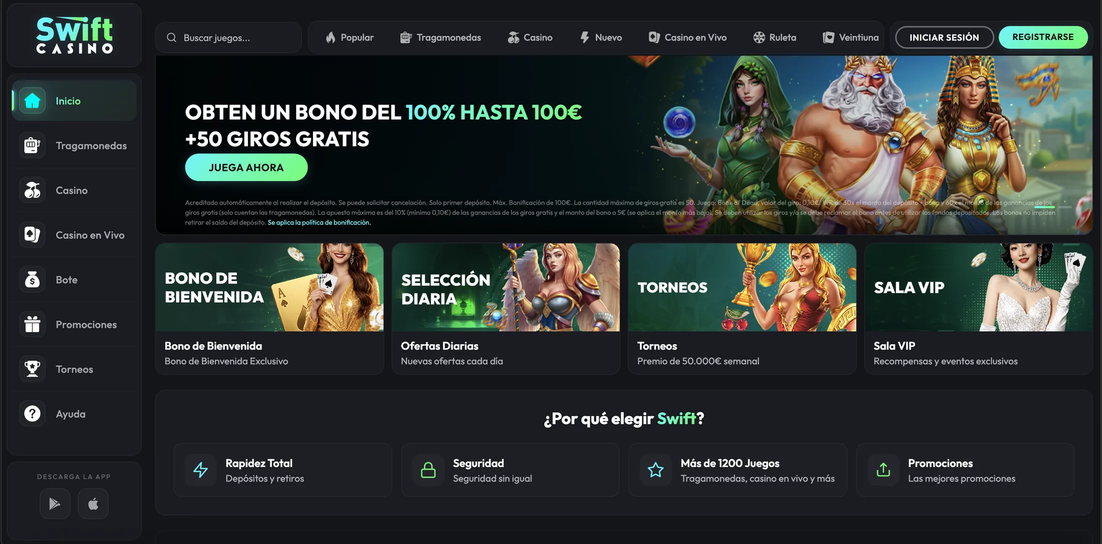 Portada de Swift Casino con el banner del bono de bienvenida y su letra pequeña