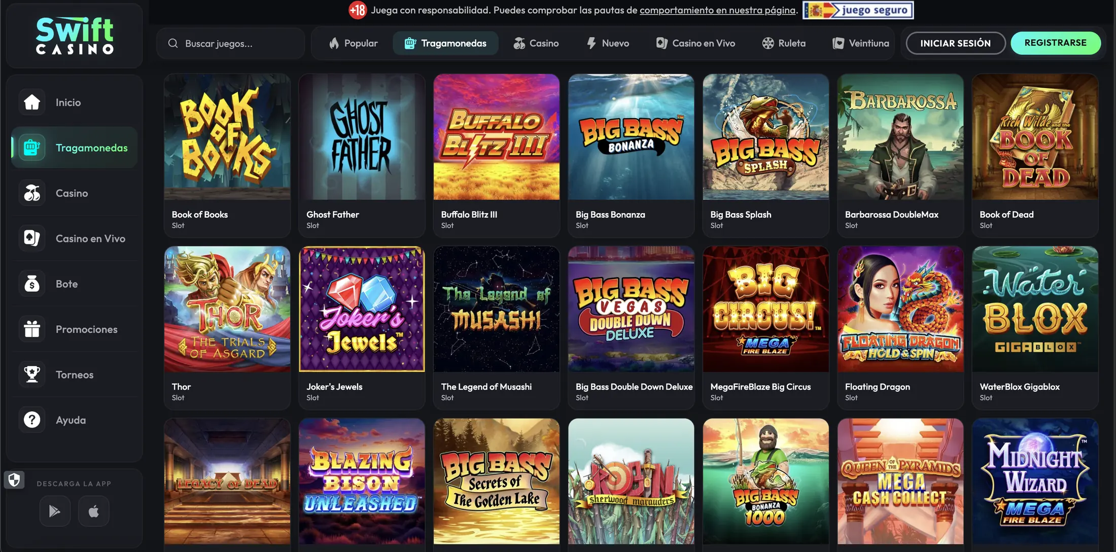 Lobby de tragaperras de Swift Casino