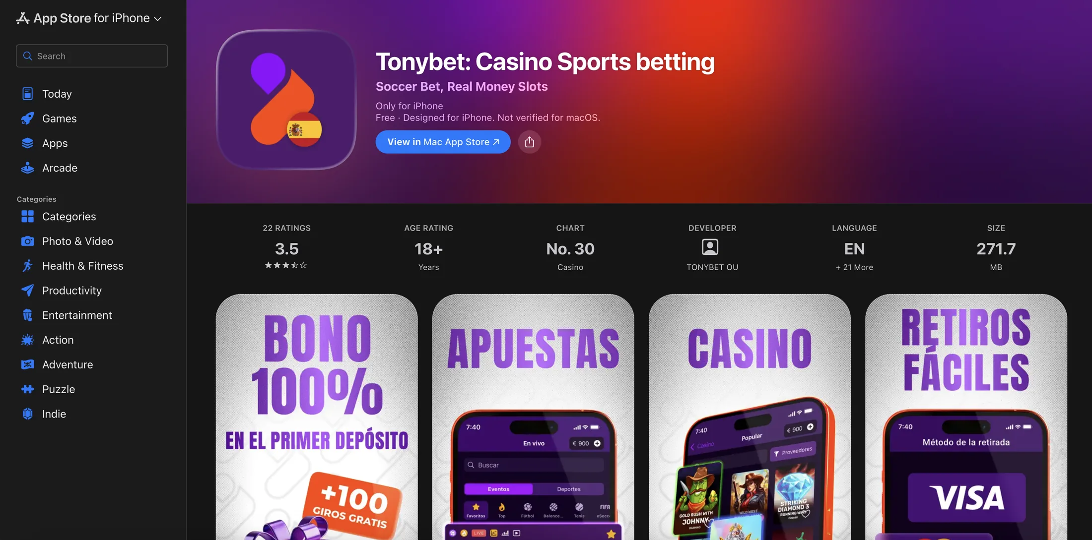 Ficha de la app de Tonybet en App Store España, con 3,5 sobre 5 y 22 valoraciones