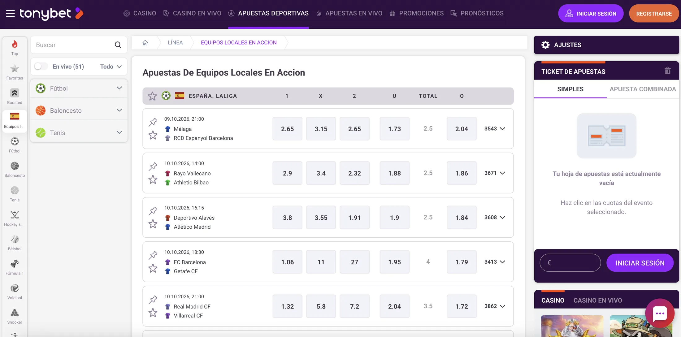 Sección de apuestas deportivas de Tonybet con partidos de LaLiga y sus cuotas