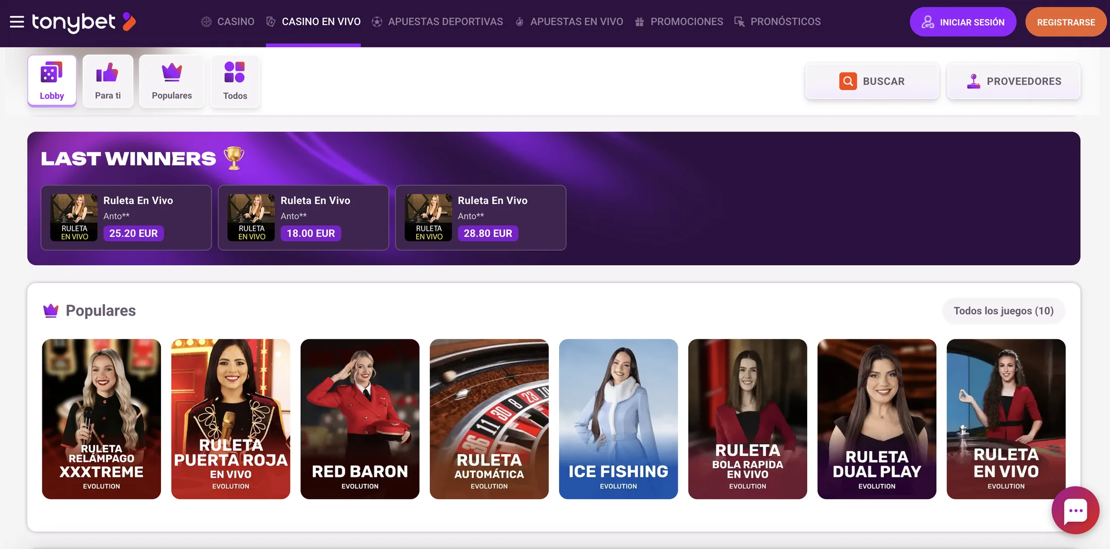 Casino en vivo de Tonybet con ruletas de Evolution, Red Baron e Ice Fishing