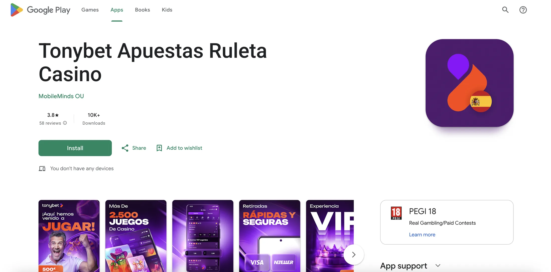 Ficha de la app de Tonybet en Google Play España, con 3,8 sobre 5, 58 reseñas y más de 10.000 descargas