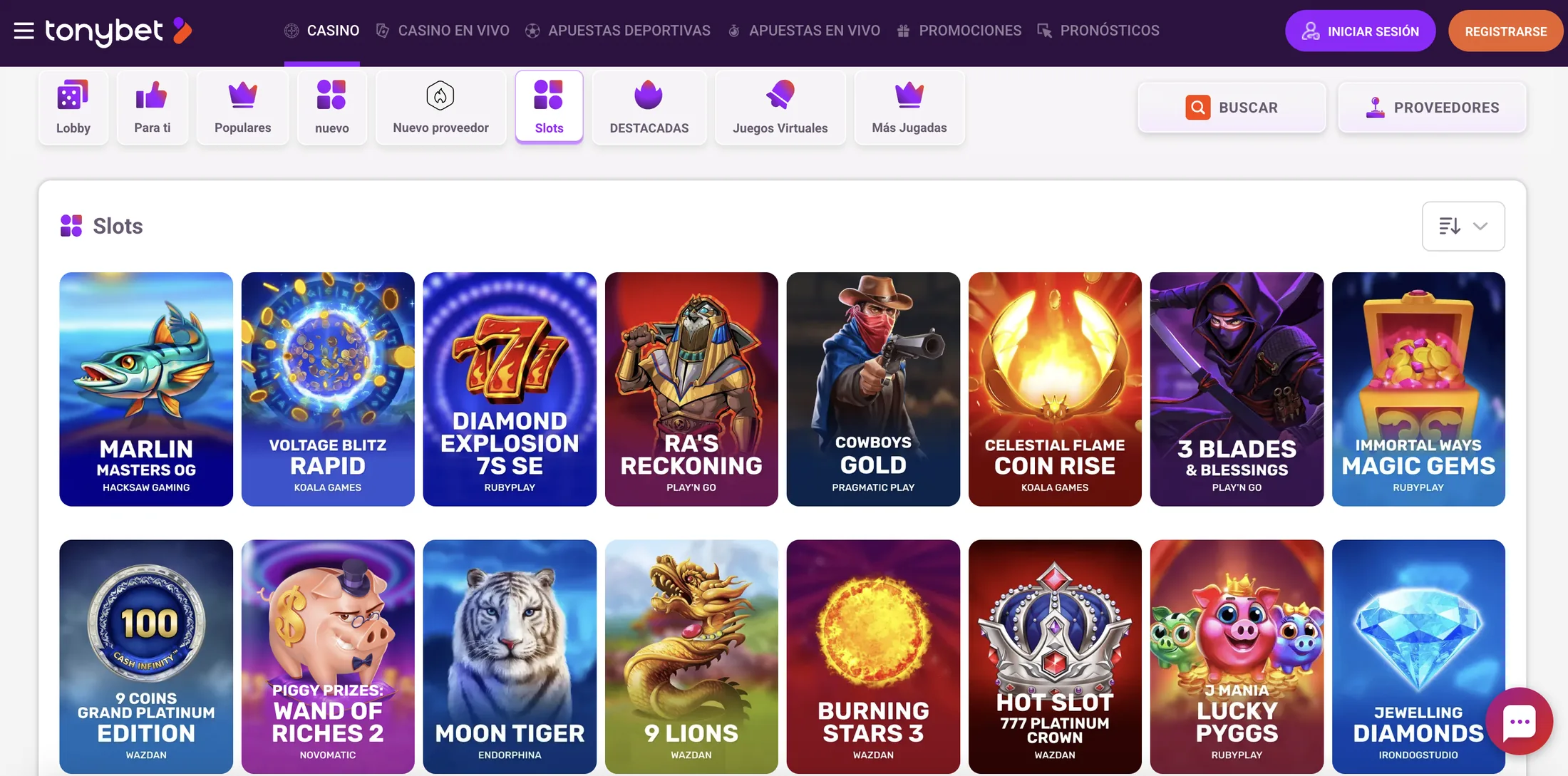 Lobby de tragaperras de Tonybet con juegos de Hacksaw, Pragmatic Play, Play'n GO y Wazdan
