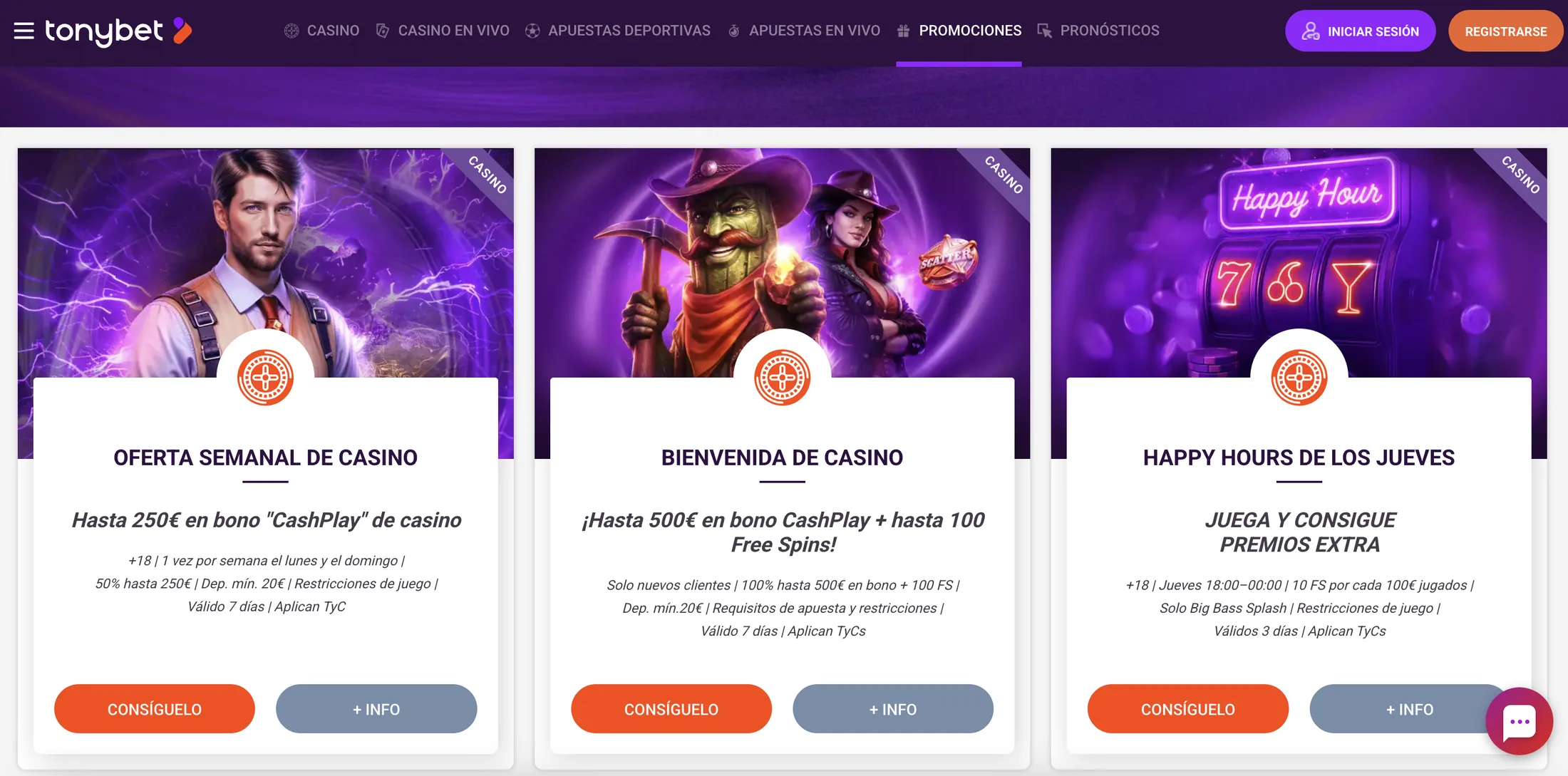 Página de Promociones de Tonybet con la oferta semanal, la bienvenida de casino y las Happy Hours